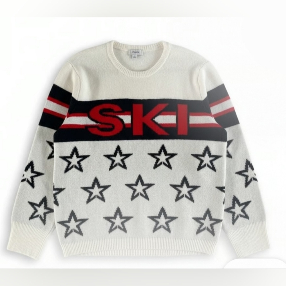 CeCe antique white navy blue stars red SKI monogram print sweater size Small new